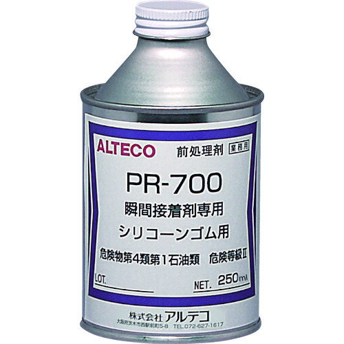 オレンジブック トラスコ中山　TRUSCOアルテコ 瞬間接着剤用 前処理剤 PR700 250ml(シリコーンゴム用) 〔品番:PR700250ML〕[ 注番:8552860]特長●接着困難なシリコーンゴムなどを接着するための瞬間接着剤専用の前処理剤です。●シリコーンゴム同士やシリコーンゴムとその他材質の接着性を向上させます。用途●工業用部品の接着・補修に。●シリコーンゴム（樹脂）同士の接着性改善に。●シリコーンゴム/異種材の接着性改善に。仕様●色：淡黄色透明●容量(ml)：250●高さ(mm)：120●外径(mm)：70●塗布後有効時間(時間)：2仕様2●ブリキ山高缶材質/仕上●主成分:イソプロピルアルコール、メチルシクロヘキサンセット内容/付属品●本体（山高缶）注意●引火性ですので火気の付近や高温下で使用しないでください。●使用中、使用後は換気をよくしてください。●単体での接着効果はございません。原産国（名称）日本JANコード4970754805021本体質量260gオレンジブック トラスコ中山　TRUSCOアルテコ 瞬間接着剤用 前処理剤 PR700 250ml(シリコーンゴム用) 〔品番:PR700250ML〕[注番:8552860][本体質量：260g]《包装時基本サイズ：68×68×120》〔包装時質量：260g〕分類》化学製品》接着剤・補修剤》瞬間接着剤☆納期情報：仕入れ先通常在庫品 (欠品の場合有り)