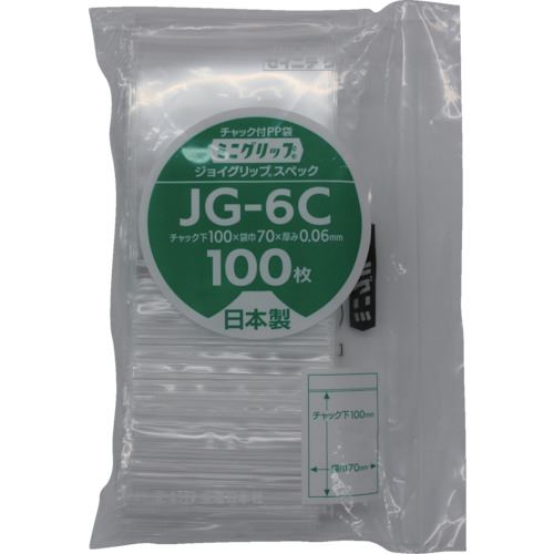 オレンジブック トラスコ中山　TRUSCOセイニチ ミニグリップ ジョイグリップスペック JG−6C 100×70×0.0 〔品番:JG6C〕[ 注番:8590866]特長●段差カットが大きく開けやすいです。●開閉時にパチパチパチと心地良い音と感触、開閉が楽しくなります。●安心安全の日本で透明度の良い袋です。●ポリプロピレン製チャック袋です。用途●事務用品やお金、小物の整理に。仕様●色：透明●縦(mm)：70●横(mm)：50●厚さ(mm)：0.06仕様2●100枚チャック袋入●チャック色：透明●底折返し●天開き●サイド溶断シール材質/仕上●本体：ポリプロピレン（PP)60μセット内容/付属品注意●袋の材質上、突起のある物を入れると破れる恐れがあります。●可燃物ですので、火のそばに置かないでください。●電子レンジやオーブンには使用できません。●商品名と仕様・規格の縦寸法は、チャック下のサイズです。原産国（名称）日本JANコード4909767230230本体質量9600gオレンジブック トラスコ中山　TRUSCOセイニチ ミニグリップ ジョイグリップスペック JG−6C 100×70×0.0 〔品番:JG6C〕[注番:8590866][本体質量：9600g]《包装時基本サイズ：460×310×195》〔包装時質量：9600g〕分類》梱包用品》梱包結束用品》ポリ袋☆納期情報：オレンジブック掲載以外でメーカー直送品（送料元払い）【法人限定＝会社名ご記入お願い致します。】※北海道・沖縄・離島は運賃別途商品も含む