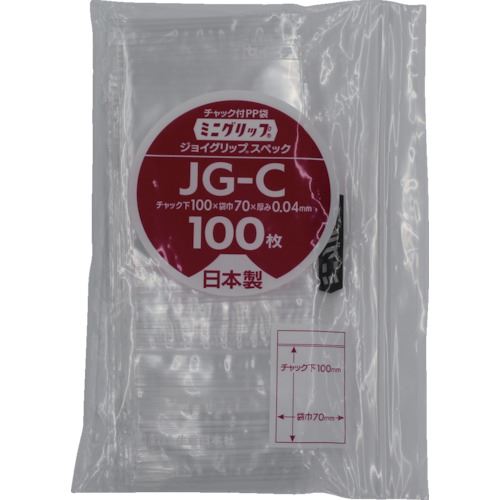 オレンジブック トラスコ中山　TRUSCOセイニチ ミニグリップ ジョイグリップスペック JG−C 100×70×0.04 〔品番:JGC〕[ 注番:8590876]特長●段差カットが大きく開けやすいです。●開閉時にパチパチパチと心地良い音と感触、開閉が楽しくなります。●安心安全の日本で透明度の良い袋です。●ポリプロピレン製チャック袋です。用途●事務用品やお金、小物の整理に。仕様●色：透明●縦(mm)：100●横(mm)：70●厚さ(mm)：0.04仕様2●100枚チャック袋入●チャック色：透明●底折返し●天開き●サイド溶断シール材質/仕上●本体：ポリプロピレン（PP)40μセット内容/付属品注意●袋の材質上、突起のある物を入れると破れる恐れがあります。●可燃物ですので、火のそばに置かないでください。●電子レンジやオーブンには使用できません。●商品名と仕様・規格の縦寸法は、チャック下のサイズです。原産国（名称）日本JANコード4909767230032本体質量6800gオレンジブック トラスコ中山　TRUSCOセイニチ ミニグリップ ジョイグリップスペック JG−C 100×70×0.04 〔品番:JGC〕[注番:8590876][本体質量：6800g]《包装時基本サイズ：460×310×195》〔包装時質量：6800g〕分類》梱包用品》梱包結束用品》ポリ袋☆納期情報：オレンジブック掲載以外でメーカー直送品（送料元払い）【法人限定＝会社名ご記入お願い致します。】※北海道・沖縄・離島は運賃別途商品も含む