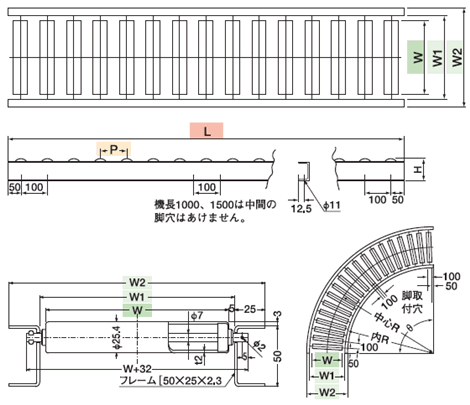 寺内製作所　スチール　ローラーコンベヤ　ストレート　LS25-P30×350W×2000L　[法...