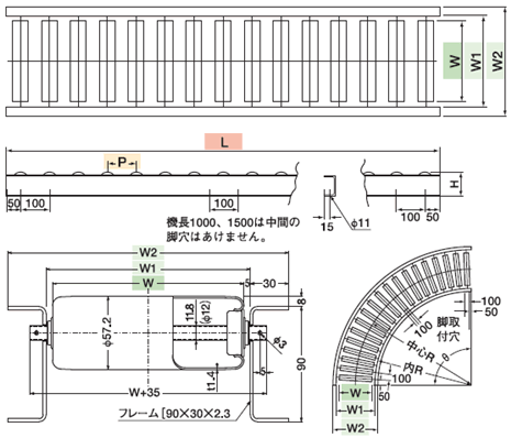 寺内製作所　スチール　ローラーコンベヤ　ストレート　S5714-P100×350W×2000L　[...