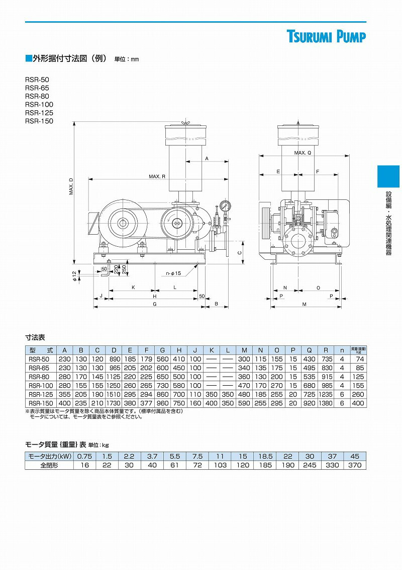 鶴見製作所(ツルミポンプ)　曝気用　ルーツブロワ　RSR-100　三相200V　50Hz(東日本用)　口径100mm　11kw[法人限定] 3
