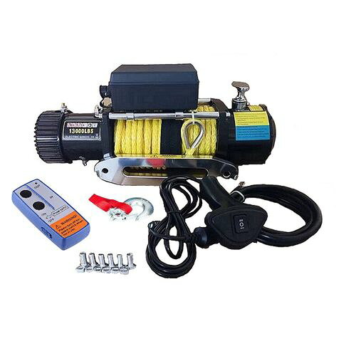 商品の特徴 WCP 三方良し DC12V電動ウインチ リモコン付 [246327-01] DC12V 電動ウインチ5910kg　リモコン付 ●半永久的使用可能なマグネット式モーターを採用 ●最大巻き上げ重量：13000LBS（5910kg）、安全使用重量：2955kg(水平牽引) ●付属品：英語版取扱説明書 ・無線リモコン・ 固定取り付けボルトナット。 ●カー電源対応！車のDC12Vバッテリーに繋げて使用します ●電源ボタンは連続操作時間は1分以内です。 ●ジェットスキー、ボートや重量物を引き上げる際にとても便利な電動ウインチです ●緊急時に、DC12V移動予備電源があれば、一人でらくらく重量物を牽引や引き上げに操作可能です ●おすすめ車種：ラングラー、ランドクルーザー、パジェロなど。 ●本製品は水平に牽引する仕様のものです。上下の荷揚げはできません ●最大巻き上げ重量はやむなく重量オーバーとなった場合にも安全に使用できるための予備分としての重量です。最大重量ではなく、安全重量以内で使用してください ●仕様・デザインは改良のため予告なく変更することがあります ●本商品を使用した際に発生したトラブル、事故につきまして、当社は一切の責任を負いかねます。 製品仕様 ●電源(V)：DC12 ●能力(kg)：【水平牽引】2955 ●寸法(mm)：537×160×218(H) ●シンセティックロープ長さ(m)：26 ●ワイヤーロープ直径(Φmm)：9.5 ●質量(kg)：35 JANコード：4560422463273