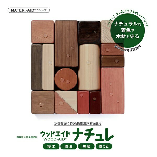 商品の特徴 日本マテリエイド ウッドエイド(WOOD-AID) ナチュレ ライトオーク 1本(1kg) これまで木部用塗料は、クリアや淡い色で高い耐候性を得るのは困難でした。 一般的に着色系に配合される顔料が紫外線の透過を妨げることで耐候性が得られましたが、その反面、隠蔽力が上がることで木の質感が損なわれるため、耐候性と木の質感維持はトレードオフの関係でした。 そこで、これまでのハイブリッド技術を更に高めることでクリアや淡い色でありながら耐候性を高め、相反する特性の両立を実現した塗料が『ウッドエイドナチュレ』です。 ●クリアでも有色塗料並みの耐候性 　これまでのハイブリッド技術の更なる向上により、クリアでも長く美しさを保ちます。 ●木材の魅力を活かす、ライトな7色 　ウッドエイド ナチュレは、「木の風合いをより活かして着色したい」というご要望に応える、ライトな印象の7色をラインナップ。 　着色系の6色に任意の割合でクリアを調合し、さらに色を薄めて使用できるほか、クリア単独の使用でも高い耐候性を発揮します。 ●有色系にクリアを混ぜ合わせ、 　より薄く調整可能 　クリア自体が高い耐候性を有しているので、着色系の7色に任意の割合でクリアを調合し、さらに色を薄めて使用することが可能。 　木の風合いをより活かすことができます。 ●作業が簡単で効率的 　塗料でありながら粘度は低く溶剤臭もないため塗りやすく、乾燥時間が早いので短い間隔で塗り重ねができて効率的です。 　また、非危険物のため現場施工も容易です。 ●水性系で人と環境にやさしい 　水性なので人と環境にやさしく、ホルムアルデヒトの放散量がF☆☆☆☆相当なので室内でも安心してご使用いただけます。 　また、木材が長持ちすることにより炭素が長期に固定されCO2低減にも貢献します。 　主成分のひとつであるシリコーンゴムは、哺乳瓶用乳首やコンタクトレンズにも使われる安全性に優れた素材です。 ●防カビ・防虫・防腐性能をプラス 　防カビ・防虫・防腐剤の配合により、木材自体も長期間保護し、美しさをより長持ちさせます。 ●木の風合いを活かした仕上がり 　ウッドエイド ナチュレは、木材の風合いを活かすライトな印象の色合いが特長。 　さらに、木材に浸透する含浸型のため、木材の良さである木目を生かし風合いを損ないません。 　また、主成分であるシリコーンゴムは水蒸気透過性と通気性に優れ木材の呼吸を妨げないので、腐朽や割れを軽減します。 　これは酸素や水蒸気の透過性が必要とされているコンタクトレンズや化粧品に使われていることからも想像いただけます。 製品仕様 ●カラー：ライトオーク ●内容量：1本(1kg) ●商品品質管理期限：出荷後1年 ●該当法令：非該当 ●危険物種別：非危険物ご使用前に塗装方法やお取り扱いの注意事項について必ずご確認ください 関連商品 日本マテリエイド ウッドエイド(WOOD-AID) ナチュレ ウォルナット 1缶(16kg) ウォルナット 1本(1kg) ウォルナット 1本(4kg) クリア 1缶(16kg) クリア 1本(1kg) クリア 1本(4kg) ダークオーク 1缶(16kg) ダークオーク 1本(1kg) ダークオーク 1本(4kg) チーク 1缶(16kg) チーク 1本(1kg) チーク 1本(4kg) ブラック 1缶(16kg) ブラック 1本(1kg) ブラック 1本(4kg) ホワイト 1缶(16kg) ホワイト 1本(1kg) ホワイト 1本(4kg) マホガニー 1缶(16kg) マホガニー 1本(1kg) マホガニー 1本(4kg) ライトオーク 1缶(16kg) ライトオーク 1本(1kg) ライトオーク 1本(4kg)