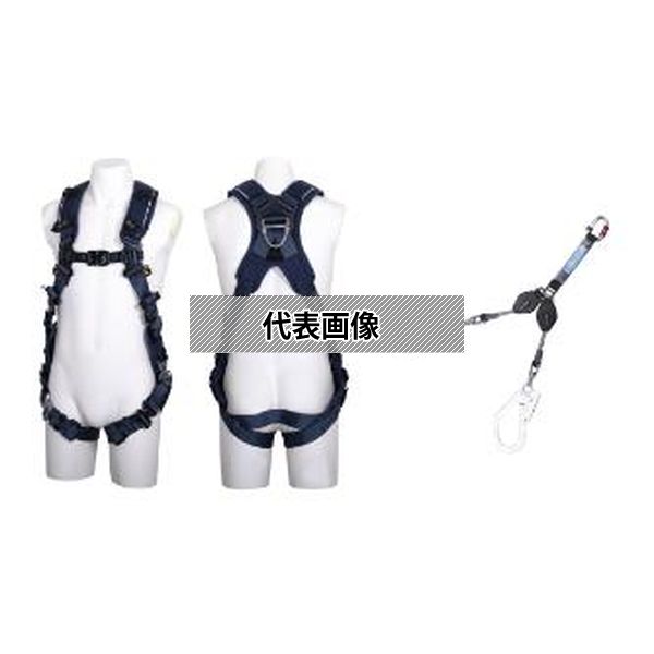 【ご注意：画像は代表画像です。カラーやサイズは商品名を必ずご確認下さい。】用途●フルハーネス型墜落制止用器具用●ランヤードセット品(ダブル)商品説明「装着ストレスZERO」…FreeJoint機構により、屈伸運動時などにツッパリ感を感じない。しなやかなシートベルト調のベルトを採用。「ベルトの緩みZERO」…固定機能付ベルト通しと余長止め具を採用。「無駄スペースZERO」…着脱式マルチツールホルダー(別売)で腰部に工具の装着が可能。商品スペックサイズ：Mベルト色：紺ランヤード：ツインランヤードショックアブソーバの種類：第1種ベルト幅(mm)：45胸ベルト幅(mm)：28最大使用可能質量(kg)：100以下腿バックル：ワンタッチ腿ベルト：V型着脱式ランヤード(同梱品)：ツインコルト胴ベルト：なし(別売)背部ベルト：X型注意事項ワークポジショニング用器具は併用できません。内容品・付属品—原産国—特記事項— [関連キーワード]