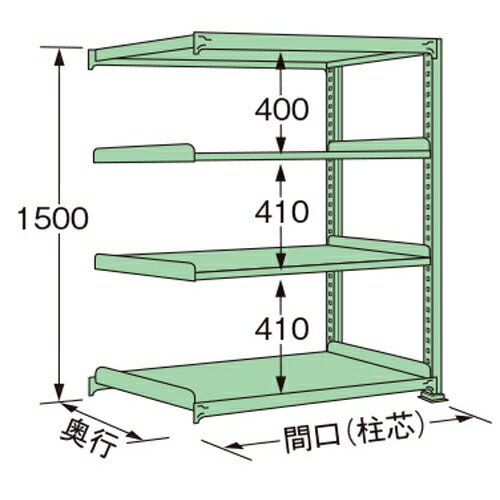 【商品説明】 ●グリーン色の連結タイプ。 ●荷重200kg、天板を含むラックの棚段数は4段です。 ●ボルトレスで、組み立ては実に簡単。 ●5種類の荷重タイプと2種類の標準塗装色から最適のタイプをお選びいただけます。 ●豊富なオプションパーツを採用することで、様々な荷姿に対応できます。 ●全ての取付け部分にはボルトレス方式を採用。棚板の着脱はもとより、分解・組み立てが短時間で簡単に行えます。 ●保管物の形状や数量に合わせて、各棚板を50mmピッチで自由に調整できます。 ●棚板1枚板構造。棚板の継ぎ目がないので出し入れがしやすく、長期間保管しても保管物に棚板の継ぎ目の跡がつきません。 ●連結も簡単。何台にも連結でき、2台目からは支柱が共有できる経済的な連結タイプです。 【注意・使用条件】 ●積載質量制限あり 【画像注意事項】 ●『ME1509S04R』の画像を使用しています。 製品仕様 ●色：グリーン（マンセルNo.8.5GY5.9/4.3） ●サイズ(幅×長×高)：450×1790×1500mm ●原産国名：日本 ●塗装色：グリーン ●荷重（kg）：200 ●ラックの高さ（mm）：1500 ●ラックの間口（mm）：1790 ●ラックの奥行（mm）：450 ●天板を含むラックの棚段数：4 ●単連：連結