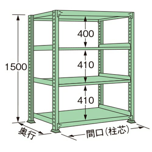 【商品説明】 ●グリーン色の単体タイプ。 ●荷重250kg、天板を含むラックの棚段数は4段です。 ●ボルトレスで、組み立ては実に簡単。 ●5種類の荷重タイプと2種類の標準塗装色から最適のタイプをお選びいただけます。 ●豊富なオプションパーツを採用することで、様々な荷姿に対応できます。 ●全ての取付け部分にはボルトレス方式を採用。棚板の着脱はもとより、分解・組み立てが短時間で簡単に行えます。 ●保管物の形状や数量に合わせて、各棚板を50mmピッチで自由に調整できます。 ●棚板1枚板構造。棚板の継ぎ目がないので出し入れがしやすく、長期間保管しても保管物に棚板の継ぎ目の跡がつきません。 ●連結も簡単。何台にも連結でき、2台目からは支柱が共有できる経済的な連結タイプです。 【注意・使用条件】 ●積載質量制限あり 【画像注意事項】 ●『ML1509M04T』の画像を使用しています。 製品仕様 ●色：グリーン（マンセルNo.8.5GY5.9/4.3） ●サイズ(幅×長×高)：750×1490×1500mm ●原産国名：日本 ●塗装色：グリーン ●荷重（kg）：250 ●ラックの高さ（mm）：1500 ●ラックの間口（mm）：1490 ●ラックの奥行（mm）：750 ●天板を含むラックの棚段数：4 ●単連：単体