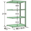 【商品説明】 ●グリーン色の連結タイプ。 ●荷重250kg、天板を含むラックの棚段数は4段です。 ●ボルトレスで、組み立ては実に簡単。 ●5種類の荷重タイプと2種類の標準塗装色から最適のタイプをお選びいただけます。 ●豊富なオプションパーツを採用することで、様々な荷姿に対応できます。 ●全ての取付け部分にはボルトレス方式を採用。棚板の着脱はもとより、分解・組み立てが短時間で簡単に行えます。 ●保管物の形状や数量に合わせて、各棚板を50mmピッチで自由に調整できます。 ●棚板1枚板構造。棚板の継ぎ目がないので出し入れがしやすく、長期間保管しても保管物に棚板の継ぎ目の跡がつきません。 ●連結も簡単。何台にも連結でき、2台目からは支柱が共有できる経済的な連結タイプです。 【注意・使用条件】 ●積載質量制限あり 【画像注意事項】 ●『ML2109M04R』の画像を使用しています。 製品仕様 ●色：グリーン（マンセルNo.8.5GY5.9/4.3） ●サイズ(幅×長×高)：600×890×2100mm ●原産国名：日本 ●塗装色：グリーン ●荷重（kg）：250 ●ラックの高さ（mm）：2100 ●ラックの間口（mm）：890 ●ラックの奥行（mm）：600 ●天板を含むラックの棚段数：4 ●単連：連結