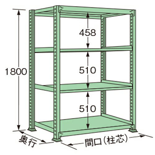 【商品説明】 ●グリーン色の単体タイプ。 ●荷重500kg、天板を含むラックの棚段数は4段です。 ●ボルトレスで、組み立ては実に簡単。 ●5種類の荷重タイプと2種類の標準塗装色から最適のタイプをお選びいただけます。 ●豊富なオプションパーツを採用することで、様々な荷姿に対応できます。 ●全ての取付け部分にはボルトレス方式を採用。棚板の着脱はもとより、分解・組み立てが短時間で簡単に行えます。 ●保管物の形状や数量に合わせて、各棚板を50mmピッチで自由に調整できます。 ●棚板1枚板構造。棚板の継ぎ目がないので出し入れがしやすく、長期間保管しても保管物に棚板の継ぎ目の跡がつきません。 ●連結も簡単。何台にも連結でき、2台目からは支柱が共有できる経済的な連結タイプです。 【注意・使用条件】 ●積載質量制限あり 【画像注意事項】 ●『MM1809M04T』の画像を使用しています。 製品仕様 ●色：グリーン（マンセルNo.8.5GY5.9/4.3） ●サイズ(幅×長×高)：600×900×1800mm ●原産国名：日本 ●塗装色：グリーン ●荷重（kg）：500 ●ラックの高さ（mm）：1800 ●ラックの間口（mm）：900 ●ラックの奥行（mm）：600 ●天板を含むラックの棚段数：4 ●単連：単体