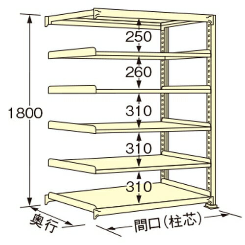 【商品説明】 ●アイボリー色の連結タイプ。 ●荷重250kg、天板を含むラックの棚段数は6段です。 ●ボルトレスで、組み立ては実に簡単。 ●5種類の荷重タイプと2種類の標準塗装色から最適のタイプをお選びいただけます。 ●豊富なオプションパーツを採用することで、様々な荷姿に対応できます。 ●全ての取付け部分にはボルトレス方式を採用。棚板の着脱はもとより、分解・組み立てが短時間で簡単に行えます。 ●保管物の形状や数量に合わせて、各棚板を50mmピッチで自由に調整できます。 ●棚板1枚板構造。棚板の継ぎ目がないので出し入れがしやすく、長期間保管しても保管物に棚板の継ぎ目の跡がつきません。 ●連結も簡単。何台にも連結でき、2台目からは支柱が共有できる経済的な連結タイプです。 【注意・使用条件】 ●積載質量制限あり 【画像注意事項】 ●『WL1809M06R』の画像を使用しています。 製品仕様 ●色：アイボリー（日塗工348色） ●サイズ(幅×長×高)：450×1790×1800mm ●原産国名：日本 ●塗装色：アイボリー ●荷重（kg）：250 ●ラックの高さ（mm）：1800 ●ラックの間口（mm）：1790 ●ラックの奥行（mm）：450 ●天板を含むラックの棚段数：6 ●単連：連結