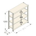 【商品説明】 ●各棚板の高さは50mmピッチで調節可能。 ●ボトルレスで組み立て簡単。連結・増設なども容易です。 ●シンプル構造、強度も抜群。グリップ力が高い「タイロックビーム」を新採用。シンプルな構造でありながら、強度は抜群です。 ●高さ方向の有効寸法がアップ。ビーム形状、支柱への接合位置を変更。従来と比べ高さ方向の有効寸法を広げ、使い勝手をより良くしました。 ●棚受けのフラット化で長尺物にも対応可能。 【注意・使用条件】 ●積載質量制限あり ●間口の外寸は、間口（柱芯）寸法に支柱サイズ（50mm）を足してください。 ●奥行きの外寸は、奥行寸法に、2mmを足してください。 製品仕様 ●色：アイボリー色（日塗工348色） ●サイズ(幅×長×高)：900×750×1200mm ●原産国名：日本 ●仕様：棚板天地4段 ●タイプ：独立 ●最大積載質量（kg/段）：300 ●最大積載質量（kg/間口）：1500 ●間口［柱芯］（mm）：900 ●間口［有効］（mm）：850 ●奥行（mm）：750