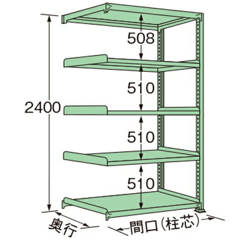 【商品説明】 ●グリーン色の連結タイプ。 ●荷重500kg、天板を含むラックの棚段数は5段です。 ●ボルトレスで、組み立ては実に簡単。 ●5種類の荷重タイプと2種類の標準塗装色から最適のタイプをお選びいただけます。 ●豊富なオプションパーツを採用することで、様々な荷姿に対応できます。 ●全ての取付け部分にはボルトレス方式を採用。棚板の着脱はもとより、分解・組み立てが短時間で簡単に行えます。 ●保管物の形状や数量に合わせて、各棚板を50mmピッチで自由に調整できます。 ●棚板1枚板構造。棚板の継ぎ目がないので出し入れがしやすく、長期間保管しても保管物に棚板の継ぎ目の跡がつきません。 ●連結も簡単。何台にも連結でき、2台目からは支柱が共有できる経済的な連結タイプです。 【注意・使用条件】 ●積載質量制限あり 【画像注意事項】 ●『MM2409M05R』の画像を使用しています。 製品仕様 ●色：グリーン（マンセルNo.8.5GY5.9/4.3） ●サイズ(幅×長×高)：750×1800×2400mm ●原産国名：日本 ●塗装色：グリーン ●荷重（kg）：500 ●ラックの高さ（mm）：2400 ●ラックの間口（mm）：1800 ●ラックの奥行（mm）：750 ●天板を含むラックの棚段数：5 ●単連：連結