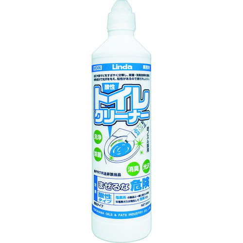 オレンジブック トラスコ中山　TRUSCOLinda トイレクリーナー 800ml 〔品番:MD06〕[ 注番:1141539]特長●尿石や鉄サビを素早く分解し、除菌・消臭効果を発揮します。●特殊成分で素晴らしい光沢感を与えます。●逆ノズル採用で便器の裏側へも液が届きます。●粘性があり、液ダレしにくい。用途●トイレの便器、洗面所の洗浄に。●洗面所の陶器・タイルなどの洗浄仕様●容量(ml)：800仕様2●酸性タイプ液体●希釈倍率：原液使用(1回あたり約30ml)●PRTR法非該当品材質/仕上●成分：塩酸・非イオン界面活性剤・溶剤セット内容/付属品注意●まぜるな危険●塩素系の製品と一緒に使うと有害な塩素ガスが発生して危険です原産国（名称）日本JANコード4979782033994本体質量890gオレンジブック トラスコ中山　TRUSCOLinda トイレクリーナー 800ml 〔品番:MD06〕[注番:1141539][本体質量：890g]《包装時基本サイズ：73×73×320》〔包装時質量：890g〕分類》清掃・衛生用品》労働衛生用品》トイレ用品☆納期情報：仕入れ先通常在庫品 (欠品の場合有り)