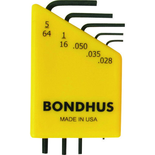 オレンジブック トラスコ中山　TRUSCOBONDHUS 精密六角レンチセット 5本組(0.028−5/64インチ) No.12243 〔品番:HLX5S〕[ 注番:1463332]特長●電子部品や弱電関係、模型やカメラなどのホビー用に適しています。●プロテニアム合金鋼使用のハイトルク六角レンチです。●六角レンチとボルトの交差を0.0127ミリ以下に設定している為、レンチとボルトを傷つけにくくなっています。●プロガード加工は一般的な黒染加工の5倍以上の耐食性があります。用途●六角穴付ボルトの締め付け、緩め作業に。仕様●セット内容(本)：5●セット内容(mm)：0.028、0.035、0.050、1/16、5/64インチ仕様2●硬度：HRC57〜61材質/仕上●プロテニアム［［R上］］合金鋼（ボンダス特注鋼材）●表面処理：プロガード（TM）加工（黒染め）セット内容/付属品●0.028、 0.035、 0.050、 1/16、 5/64インチ●ボンデックス［［TM］］ケース（ロック機能付きレンチ収納ケース）注意●工具を安全に使っていただくため、作業時は必ず保護メガネを着用してください。●パイプやメガネレンチなどを使っての作業はしないでください。原産国（名称）アメリカJANコード本体質量10gオレンジブック トラスコ中山　TRUSCOBONDHUS 精密六角レンチセット 5本組(0.028−5/64インチ) No.12243 〔品番:HLX5S〕[注番:1463332][本体質量：10g]《包装時基本サイズ：110×50×15》〔包装時質量：20g〕分類》手作業工具》ドライバー・六角棒レンチ》六角棒レンチ☆納期情報：メーカー取り寄品（弊社より発送）