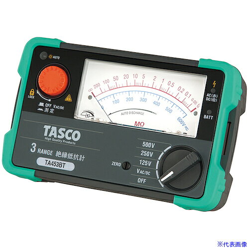 オレンジブック トラスコ中山　TRUSCOタスコ 3レンジ絶縁抵抗計 〔品番:TA453BT〕[ 注番:1765784]特長●片手で持ったままでの測定が可能な軽量コンパクトサイズです。●リモートスイッチ付測定プローブ標準装備。●見やすいスケール目盛。●抵抗状態をLEDの色で確認できます。（緑：高抵抗。赤：低抵抗）●直流・交流を自動判別する電圧測定機能仕様●最小表示(MΩ)：5MΩ●電源(V)：単3乾電池LR6/R6(1.5V)×4●幅(mm)：156●奥行(mm)：46●高さ(mm)：97●電圧計：AC 0〜600V(45〜65Hz)/DC0〜600V●電圧測定：125V｜250V｜500V●有効最大表示値：200MΩ仕様2●測定｜測定範囲｜確度(CTセンサφ40mm使用時)。●電源モードIor｜0.000mA〜999.999mA｜±(1%+40d+Io×0.005)。●ACV｜0.0V〜600.0V｜±(1%+3d)。●絶縁抵抗計●片手で持ったままでの測定が可能な軽量コンパクトサイズです。●リモートスイッチ付測定プローブ標準装備●見やすいスケール目盛です。●抵抗状態をLEDの色で確認できます。（緑：高抵抗。赤：低抵抗）●直流・交流を自動判別する電圧測定機能を搭載しています。材質/仕上セット内容/付属品●リモートスイッチ付測定プローブ●ワニグチコードセット●携帯用ケース●先端金具（ロング）●肩掛けベルト注意原産国（名称）非公開JANコード4528422377242本体質量430gオレンジブック トラスコ中山　TRUSCOタスコ 3レンジ絶縁抵抗計 〔品番:TA453BT〕[注番:1765784][本体質量：430g]《包装時基本サイズ：150×200×110》〔包装時質量：1000g〕分類》測定・計測用品》工業用計測機器》抵抗計☆納期情報：メーカー取り寄品（弊社より発送）