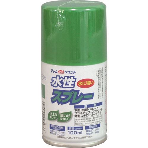 オレンジブック トラスコ中山　TRUSCOアトムペイント 水性スプレー 100ML グリーン 〔品番:0000109548〕[ 注番:2049649]特長●霧が細かいので、誰でも綺麗に塗装ができます。●指が疲れにくい、軽いタッチのプッシュボタンです。●乾いた塗膜は水に強く、落ちません。用途●鉄部、木部、コンクリート、ガラス、発泡スチロール、段ボール紙、プラスティック（アクリル・ポリスチレン・ABS・硬質塩化ビニル樹脂）などに。仕様●色：グリーン●容量(L)：0.1●乾燥時間：20〜30分(夏期)、40〜60分(冬期)仕様2●塗布面積：0.2〜0.4m2●噴射パターン：丸吹き●建築基準法対応製品：F☆☆☆☆材質/仕上●成分：水溶性アクリル樹脂セット内容/付属品注意●ラッカー系塗料の上塗りはできません。●換気の良い場所で塗装してください。●屋外でご使用ください。●まわりの車や建物等に飛び散らないよう注意してください。●塗れない場所の代表例【浴室床、ユニットバス、池など水が溜まる所、油分がある所、アルミ、ステンレス、磁器タイル、化粧合板、ビニールクロス、軟質塩ビ、ポリエチレン、ポリプロピレン、トタン、高級家具、バイク、自動車、床面全般など】。原産国（名称）日本JANコード4971544095486本体質量0.15kgオレンジブック トラスコ中山　TRUSCOアトムペイント 水性スプレー 100ML グリーン 〔品番:0000109548〕[注番:2049649][本体質量：0.15kg]《包装時基本サイズ：52×52×110》分類》工事・照明用品》塗装・内装用品》塗料☆納期情報：オレンジブック掲載以外でメーカー直送品【法人限定＝会社名ご記入お願い致します。】