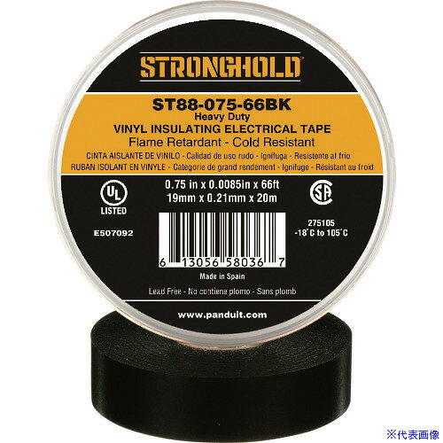 オレンジブック トラスコ中山　TRUSCOストロングホールド StrongHoldビニールテープ 耐熱・耐寒・難燃 ヘビーデューティーグレード 黒 幅19.1mm 長さ20m ST88−075−66BL 〔品番:ST8807566BK〕[ 注番:2167632]特長●耐熱・耐寒・難燃性のヘビーデューティグレードのビニールテープです。用途●電気配線工事における600Vまでの一次電気絶縁用に。●各種配線の結束、固定、識別に。仕様●色：黒●幅(mm)：19.1●長さ(m)：20●厚さ(mm)：0.21●使用温度範囲(℃)：-18〜105●粘着力(N/10mm)：2.2●引張強度(N/10mm)：38●適合規格：UL、UL500●RoHS2適合品●タイプ:鉛フリー●2000／53／EC and RoHS 2001／65／EU directives 適合品仕様2●屋内外用●伸び率：300％材質/仕上●基材：ポリ塩化ビニル（PVC）●粘着剤：ゴム系セット内容/付属品注意●キャンセル不可商品です。原産国（名称）スペインJANコード本体質量105gオレンジブック トラスコ中山　TRUSCOストロングホールド StrongHoldビニールテープ 耐熱・耐寒・難燃 ヘビーデューティーグレード 黒 幅19.1mm 長さ20m ST88−075−66BL 〔品番:ST8807566BK〕[注番:2167632][本体質量：105g]《包装時基本サイズ：96×96×22》〔包装時質量：127g〕分類》梱包用品》テープ用品》絶縁テープ☆納期情報：仕入れ先通常在庫品 (欠品の場合有り)