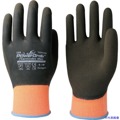 オレンジブック トラスコ中山　TRUSCOトワロン 防寒手袋 パワーグラブThermodexMax 8/M 〔品番:329M〕[ 注番:2402205]特長●天然ゴムをコーティングしているため、やわらかく疲れにくい作業性の良い手袋です。●裏地をパイル編みし、起毛させた防寒作業用手袋です。●繊維部には撥水加工を施しているため、コーティングしていない部分の水分浸入を抑制します。（防水ではありません）●ニオイや菌を抑制するサニタイズ抗菌加工を施しています。●ピタッと吸着して掴みやすい特殊すべり止め「マイクロフィニッシュ加工」を施しています。●袖口が長めのため、手首までしっかりカバーします。●13ゲージの薄手タイプをベースにしているため、フィット感に優れています。●内部に水分や土、汚れが入りにくいよう、手首から上部全てをコーティングしています。用途●除雪作業、農作業、土木建築業、運送業などに。仕様●色：オレンジ/ダークブラウン●サイズ：8/M●全長(cm)：23.5●手のひら周り(cm)：21.0●中指長さ(cm)：7.7●厚さ(mm)：約1.8●ゲージ数：13●リストカラー：ブルー●すべり止め：特殊すべり止め加工（マイクロフィニッシュ）仕様2●13ゲージ編●サニタイズ抗菌防臭加工●繊維部撥水加工材質/仕上●繊維部：ナイロン、ポリエステル●すべり止め部：天然ゴムセット内容/付属品注意原産国（名称）中国JANコード4907026032960本体質量85gオレンジブック トラスコ中山　TRUSCOトワロン 防寒手袋 パワーグラブThermodexMax 8/M 〔品番:329M〕[注番:2402205][本体質量：85g]《包装時基本サイズ：270×150×50》〔包装時質量：82g〕分類》保護具》作業手袋》防寒手袋☆納期情報：仕入れ先通常在庫品 (欠品の場合有り)