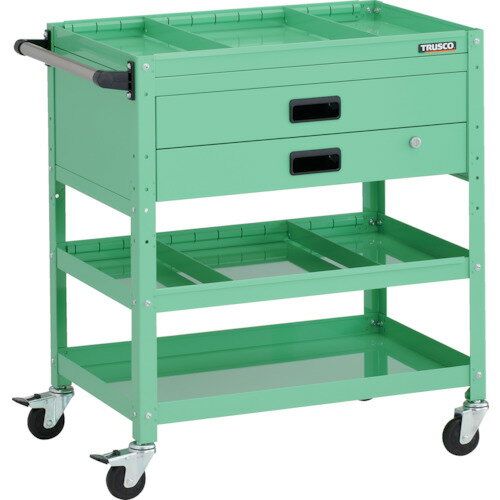 ■TRUSCO ツールワゴン ラビットワゴン 700X450XH810 3段 2段引出付 仕切板2段付 ハンドル付 ゴム車輪 ヤンググリーン RBW873S2XHYG(2466394)