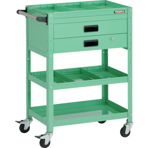 ■TRUSCO ツールワゴン ラビットワゴン 600X400XH880 3段 2段引出付 仕切板2段付 ハンドル付 ゴム車輪 ヤンググリーン RBW963S2XHYG(2466416)