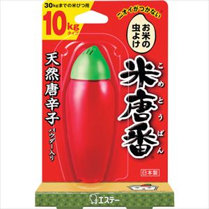 オレンジブック トラスコ中山　TRUSCOエステー 米唐番 10kgタイプ 〔品番:ST90722〕[ 注番:2675244]特長●天然唐辛子と酒精(発酵アルコール)、クミンアルデヒド(香辛料由来成分)入りの唐辛子ゼリーがお米を虫から守ります。●唐辛子ゼリーが小さくなって交換時期がわかります。●炊いたご飯にニオイがつきません。●置く・さす・つるす、米袋にも使える自由な形状です。用途●米保存用防虫剤として。仕様●内容量(g)：45仕様2材質/仕上●天然唐辛子●発酵アルコール(酒精)●クミンアルデヒド(香辛料由来成分)セット内容/付属品注意●この台紙をよく読み使用中は保管する。●本品は食べられない。●幼児の手の届くところに置かない。●直射日光のあたるところや、高温になるところに置かない。●用途以外に使用しない。原産国（名称）日本JANコード4901070907229本体質量80gオレンジブック トラスコ中山　TRUSCOエステー 米唐番 10kgタイプ 〔品番:ST90722〕[注番:2675244][本体質量：80g]《包装時基本サイズ：100×155×45》分類》環境改善用品》害虫・害獣駆除用品》防虫・殺虫用品☆納期情報：メーカー取り寄品（弊社より発送）