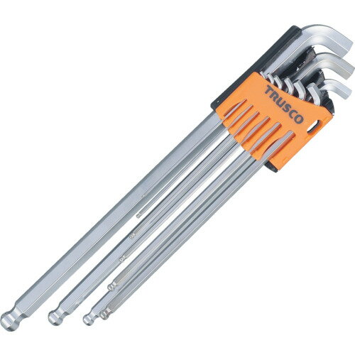 オレンジブック トラスコ中山　TRUSCOTRUSCO ショートネック100°ロングボールポイント六角棒レンチセット 〔品番:TTV1009S〕[ 注番:3304027]特長●90°→100°に変更する事で、従来品と比較して、最大で5倍以上の曲げ範囲が確保でき、狭い場所での締め作業に適しています。●ショートネックにすることで高さ方向にスペースの無いボルトにアプローチが可能です。●先端にキャッチャーボール付です（3mm以上）。●硬度はHRC53〜57です。●材質はクロムバナジウム鋼です。●使用時に指先が底面に触れないよう、曲げ角度を従来の90°から100°に広げ、使いやすさをさらに高めています。●短い方の長さを従来規格の約1/2に設定しており狭い所の作業に効果を発揮します。用途●六角穴付ボルト、六角穴付止めねじの締結作業。仕様●セット内容(本)：9●セット内容(mm)：1.5、2、2.5、3、4、5、6、8、10●対辺寸法(mm)：1.5、2、2.5、3、4、5、6、8、10●硬度：HRC53〜57●タイプ：首下ショート仕様2材質/仕上●超強力合金鋼●表面処理：ニッケルクロムメッキセット内容/付属品●ホルダ注意●対辺寸法1.5、2、2.5mmはキャッチャーボールは付いていません。●提供不可：chemSHERPA、SDS原産国（名称）日本JANコード4989999128758本体質量395gオレンジブック トラスコ中山　TRUSCOTRUSCO ショートネック100°ロングボールポイント六角棒レンチセット 〔品番:TTV1009S〕[注番:3304027][本体質量：395g]《包装時基本サイズ：293×92×25》〔包装時質量：402g〕分類》手作業工具》ドライバー・六角棒レンチ》ボールポイント六角棒レンチ☆納期情報：仕入れ先通常在庫品 (欠品の場合有り)