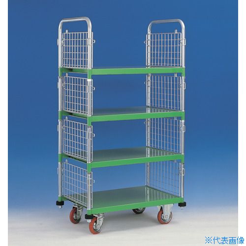 オレンジブック トラスコ中山　TRUSCOカンベ 網付き台車 メッシュパックロール 658A 〔品番:658A〕[ 注番:3377282]特長●標準型両袖棚板3枚アミ付きタイプです。●床板は焼き付け塗装、網部品はユニクロメッキ仕上げの為、サビに強いです。●床に跡がつかない赤ジェンゴムタイヤです。用途●物流倉庫の運搬作業。●工場での運搬作業。仕様●均等荷重(kg)：400●長さ(mm)：900●幅(mm)：600●高さ(mm)：1655●ハンドル高さ(mm)：1655●キャスター径(mm)：130●適合ストッパー：MAFB●有効内寸(mm)：784×563×282(上段)●色：グリーン●外形寸法(mm)長さ×幅×高さ：900×600×1655仕様2●完成品●キャスター：自在ストッパー付き2個　固定2個●コーナー部：緩衝ゴム付き材質/仕上●床・ハンドル・アミ：スチール　●仕上げ：床焼付塗装　ハンドル溶融亜鉛メッキ　アミユニクロメッキ●キャスター金具：スチール●車輪：赤ジェンゴムセット内容/付属品注意●ブレーキを掛けたまま台車を押さないでください。ブレーキおよびその他部品の破損につながります。●最大積載荷重以上では使用しないでください●人を絶対に載せないでください。●使用しな場合は、キャスターブレーキをかけてください。●配送は混載便、車上渡し条件となります。原産国（名称）日本JANコード本体質量75kgオレンジブック トラスコ中山　TRUSCOカンベ 網付き台車 メッシュパックロール 658A 〔品番:658A〕[注番:3377282][本体質量：75kg]分類》搬送機器》運搬台車》プレス製運搬車☆納期情報：オレンジブック掲載以外でメーカー直送品【法人限定＝会社名ご記入お願い致します。】