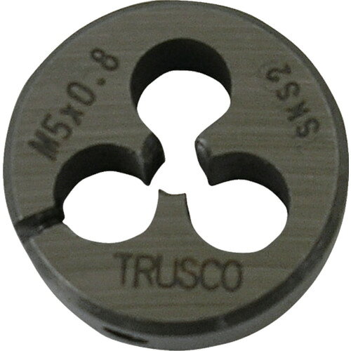 オレンジブック トラスコ中山　TRUSCOTRUSCO 丸ダイス 25径 M5×0.8 (SKS) 〔品番:T25D5X0.8〕[ 注番:3656292]特長●調整ねじ付なので寸法調整ができます。●ねじ山を修正する時にも使用できます。●丸ダイス25径用です。用途●被削材:鉄、軽金属。●おねじ加工用。●並目のねじ山の修正。仕様●呼び寸法：M5●ピッチ(mm)：0.8●外径(mm)：25●厚さ(mm)：9●加工ねじ：メートルねじ仕様2材質/仕上●低合金鋼（SKS2）セット内容/付属品注意●ステンレス製のねじ類には、使用できません。●提供不可：chemSHERPA、SDS原産国（名称）日本JANコード4989999111897本体質量25gオレンジブック トラスコ中山　TRUSCOTRUSCO 丸ダイス 25径 M5×0.8 (SKS) 〔品番:T25D5X0.8〕[注番:3656292][本体質量：25g]《包装時基本サイズ：99×51×11》〔包装時質量：26g〕分類》切削工具》ねじ切り工具》ダイス☆納期情報：仕入れ先通常在庫品 (欠品の場合有り)