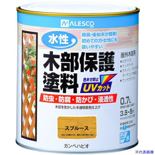 オレンジブック トラスコ中山　TRUSCOKANSAI 水性木部保護塗料 スプルース 0.7L 〔品番:00617653551007〕[ 注番:3765519]特長●木目をいかしたまま表面に塗膜を作らず着色するので、木材の持つ自然な風合いを引き立たせます。●木材保護成分も配合されているので防虫・防腐・防カビ・防藻・UVカット効果を発揮します。●臭いが少なく、乾燥も速く、使いやすい水性タイプ。●取り扱いが簡単だから女性や塗装初心者、ガーデングッズなどの塗装にピッタリです。●※乾くと雨や水で流れ落ちる事はありません。用途●屋外の木部(ウッドデッキ ラティス パーゴラ ベンチ ログハウス 羽目板 板へい)に。仕様●容量(L)：0.7●乾燥時間： 約1時間(20℃) 約2時間(冬期)　●色：スプルース●塗り重ね可能時間：2時間以上(20℃)●塗り重ね回数：2回●塗布面積(［［M2］］)：約 3.5〜5仕様2材質/仕上セット内容/付属品注意●下記のものには塗ることができません、吸い込みのない木材(プリント合板・デコラ板)、常に水に浸かっている所、犬小屋・鳥小屋※塗装後も保護成分の臭いが若干残りますので、屋内木製品の塗装には不向きです。原産国（名称）日本JANコード4972910056353本体質量0.929kgオレンジブック トラスコ中山　TRUSCOKANSAI 水性木部保護塗料 スプルース 0.7L 〔品番:00617653551007〕[注番:3765519][本体質量：0.929kg]《包装時基本サイズ：119×119×121》〔包装時質量：879g〕分類》工事・照明用品》塗装・内装用品》塗料☆納期情報：メーカー取り寄品（弊社より発送）