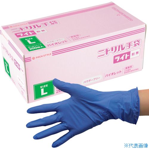 オレンジブック トラスコ中山　TRUSCOPACKSTYLE ニトリル手袋 ライト粉無 L 紫 H 〔品番:586525〕[ 注番:3940487]特長●フィット性、グリップ力に優れたタイプです。●手首部分から取り出しでき衛生的で、盛りつけなどの軽作業に使用頂けます。●厚み60μm、食品衛生規格合格品です。仕様●色：紫●サイズ：L●全長(cm)：23.0●手のひら周り(cm)：22.0●中指長さ(cm)：8.5●厚さ(mm)：0.06●粉(あり・なし)：なし●食品衛生法：適合●左右の区別：左右兼用仕様2●食品衛生法適合材質/仕上●合成ゴム(NBR)セット内容/付属品注意原産国（名称）マレーシアJANコード4589443400234本体質量800gオレンジブック トラスコ中山　TRUSCOPACKSTYLE ニトリル手袋 ライト粉無 L 紫 H 〔品番:586525〕[注番:3940487][本体質量：800g]《包装時基本サイズ：230×230×0》〔包装時質量：4g〕分類》保護具》作業手袋》使い捨て手袋☆納期情報：仕入れ先通常在庫品 (欠品の場合有り)