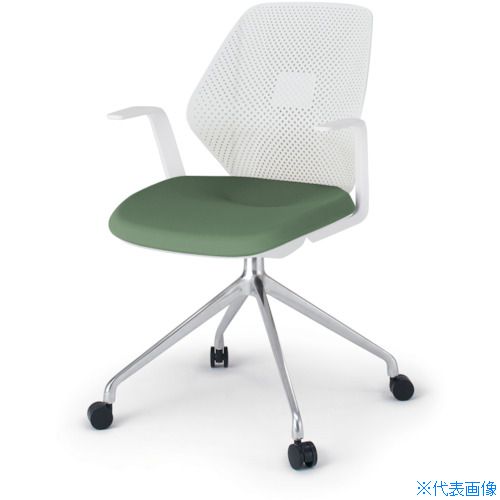 ■ITOKI キュアチェア 4本脚 樹脂メッシュバック 肘付 ナイロン双輪キャスター付 脚アルミミラー 本体ホ..