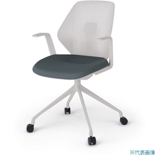 办公家具 - ■ITOKI キュアチェア 4本脚 樹脂メッシュバック 肘付 ナイロン双輪キャスター付 脚ライトグレー 本体ライトグレー 布地オフブラック KG985PVNNW2(4313566)[送料別途お見積り][法人限定][外直送]