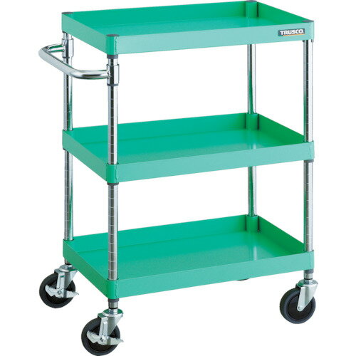 オレンジブック トラスコ中山　TRUSCOTRUSCO ツールワゴン フェニックスワゴン 省音 600X400XH880 3段 ヤンググリーン 〔品番:PEW963YG〕[ 注番:4884418]特長●抗菌粉体塗装ですので、長く清潔にお使いいただけます。（SIAA抗菌ISO22196：JP0122258A0002X）※ブラック色は抗菌タイプではありません。●棚板は表・裏両面使え、ワンタッチブッシュの採用で組み立ても簡単です。●省音キャスターを使用した静かで滑らかな使い心地のパイプ式ワゴンです。用途●工場・倉庫・店舗等●工具や書類などの小物の収納・保管に。仕様●最大積載量(kg/台)：150●均等積載量(kg/段)：100●色：ヤンググリーン●間口(mm)：690●奥行(mm)：400●高さ(mm)：880●段数(段)：3●支柱径(mm)：25.4●キャスター径(mm)：100●こぼれ止め高さ(mm)：50●棚板調整ピッチ(mm)：25仕様2●キャスター：自在式 100mm(2個) 自在式(ストッパー付) 100mm(2個)●棚板調整ピッチ：25mm●こぼれ止め高さ：50mm材質/仕上●本体:スチール（塗装部：抗菌粉体塗装）●ハンドル、支柱:スチール(クロムメッキ)●キャスター金具：スチール●車輪：エラストマー（省音タイプ）セット内容/付属品注意原産国（名称）日本JANコード4989999429909本体質量12.9kgオレンジブック トラスコ中山　TRUSCOTRUSCO ツールワゴン フェニックスワゴン 省音 600X400XH880 3段 ヤンググリーン 〔品番:PEW963YG〕[注番:4884418][本体質量：12.9kg]《包装時基本サイズ：775×415×215》〔包装時質量：14kg〕分類》物流・保管用品》ツールワゴン》スチール製ワゴン（ボルトレスタイプ）☆納期情報：仕入れ先通常在庫品 (欠品の場合有り)
