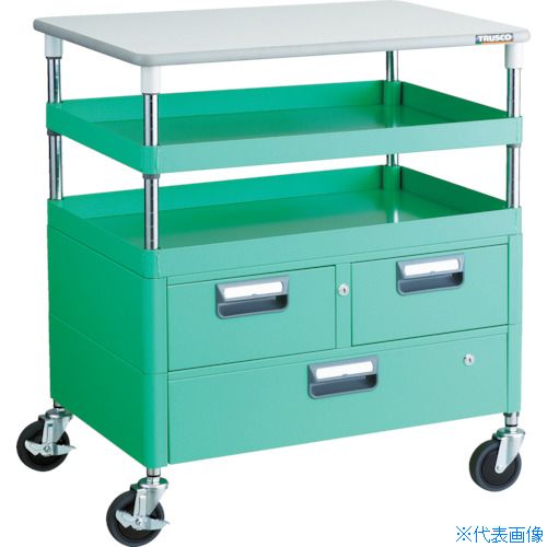 ■TRUSCO ツールワゴン フェニックスワゴン 抗菌 省音 750X500XH880 引出 天板付 ヤンググリーン PEW972VWTYG(4884612)