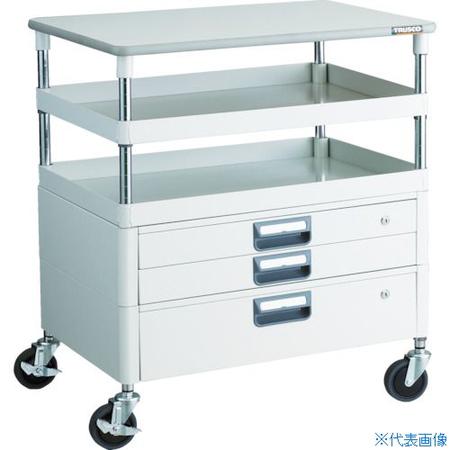 ■TRUSCO ツールワゴン フェニックスワゴン 抗菌 省音 750X500XH880 引出 天板付 ホワイト PEW972VXTW(4884647)