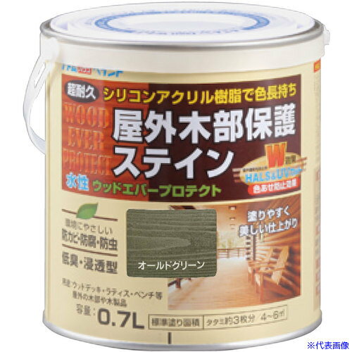 オレンジブック トラスコ中山　TRUSCOアトムペイント 水性ウッドエバープロテクト 0.7L オールドグリーン 〔品番:0000108912〕[ 注番:5895226]特長●シリコンアクリル樹脂にHALS（紫外線劣化防止剤）とUV吸収剤を配合した高性能木部保護塗料です。用途●ウッドデッキ、ラティス、木製家具、木製ベンチなどの屋外木部に。仕様●容量(L)：0.7●乾燥時間：約1時間（夏）、約2〜3時間（冬）●色：オールドグリーン●塗り重ね可能時間：夏期/約2日、冬期/約4日●指触乾燥時間：夏期/約1、冬期/約2〜3●塗り重ね回数：2●塗布面積(［［M2］］)：4〜6(畳枚数換算約3枚分)仕様2●塗り面積(m2)：4〜6（畳枚数換算約3枚）。●液性：水性（半造膜タイプ）。●希釈剤：不要材質/仕上●合成樹脂（シリコンアクリル）セット内容/付属品注意●塗りつぶしタイプの塗装面にはご使用になれません。●塗れない場所の代表例【木以外の素材、塗装面、プリント合板やプラスチック、特殊処理をされた素材、屋内の床、乾燥不十分な木や竹材、食器類、ペットがかじったりする素材や場所など】。原産国（名称）日本JANコード4971544089126本体質量0.93kgオレンジブック トラスコ中山　TRUSCOアトムペイント 水性ウッドエバープロテクト 0.7L オールドグリーン 〔品番:0000108912〕[注番:5895226][本体質量：0.93kg]《包装時基本サイズ：112×112×118》〔包装時質量：1kg〕分類》工事・照明用品》塗装・内装用品》塗料☆納期情報：仕入れ先通常在庫品 (欠品の場合有り)