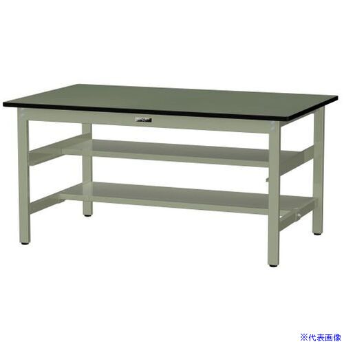 ■ヤマテック 中量作業台 ワークテーブル500シリーズ 固定式 中間棚・半面棚板付 塩ビシート天板 W1500×D900×H740mm グリーン/ヤマテックグリーン SJR1590TS1GG(6974429)[法人限定][外直送元]