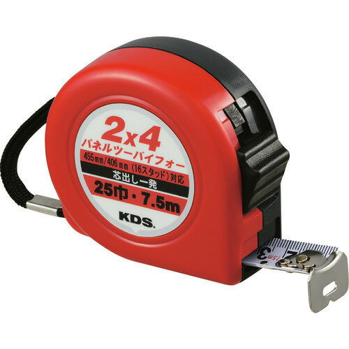 オレンジブック トラスコ中山　TRUSCOKDS コンベックス パネルツーバイフォーネオロック25巾・7.5 〔品番:PS2575BBP〕[ 注番:8511150]特長●フレームの端に爪を引っ掛けるだけで、スタッドの芯出しがすぐできます。●ツーバイフォー工事でパネリング・フレーミング作業の必需品です。用途●パネリング、フレーミング作業仕様●テープ幅(mm)：25●長さ(m)：7.5仕様2●455mmマークの左右に38mmスタッド両端表示、45mm振り分け表示が付いています。「柱の巾一発」●上段目盛（スタッドの芯出し一発、間柱を簡単位置決め）●下段目盛（標準メートル目盛、先端0基点）●4点鋲●ショックアブソーバー付●ベルトクリップ付材質/仕上●テープ：スチール●バネ：スチール●ケース：ABS樹脂セット内容/付属品注意原産国（名称）マレーシアJANコード4954183139384本体質量390gオレンジブック トラスコ中山　TRUSCOKDS コンベックス パネルツーバイフォーネオロック25巾・7.5 〔品番:PS2575BBP〕[注番:8511150][本体質量：390g]《包装時基本サイズ：42×107×132》〔包装時質量：408g〕分類》測定・計測用品》測量用品》コンベックス☆納期情報：仕入れ先通常在庫品 (欠品の場合有り)