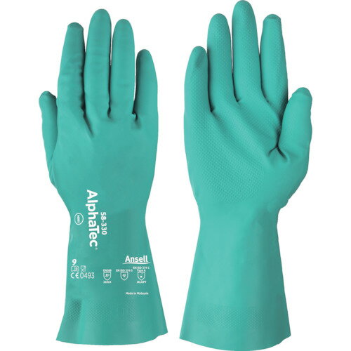 オレンジブック トラスコ中山　TRUSCOAnsell 【売切廃番】耐薬品手袋 アルファテック 58−330 Sサイズ 〔品番:583307〕[ 注番:8580717]特長●JIS T 8116適合品です。●AquaDri(アクアドライ)テクノロジーにより、湿気を吸収し、手を長時間ドライで快適な状態に保ちます。●耐摩耗性に優れています。●化学薬品、油、溶剤、動物性脂肪などへの偶発的な接触に高い耐性を発揮します。用途●研究施設での検査、化学薬品取り扱い、塗装作業など。仕様●色：グリーン●サイズ：S●全長(cm)：32.0●手のひら周り(cm)：18.9●中指長さ(cm)：7.3●厚さ(mm)：0.6●すべり止め：あり●EN374規格：n-ヘプタン、水酸化ナトリウム(苛性ソーダ)40%、硫酸(96%)、アンモニア水(2%)、過酸化水素(30%)、ホルムアルデヒド(37%)仕様2●AQL(合格品質水準)：1.5●EN388：2016規格：耐摩耗レベル3、耐切創レベル1、耐引裂レベル0、耐突刺レベル1、EN ISO耐切創レベルX●ASTM F 739(JIS T 8116)試験データあり材質/仕上●ニトリルゴム（NBR）セット内容/付属品注意原産国（名称）マレーシアJANコード本体質量72gオレンジブック トラスコ中山　TRUSCOAnsell 【売切廃番】耐薬品手袋 アルファテック 58−330 Sサイズ 〔品番:583307〕[注番:8580717][本体質量：72g]《包装時基本サイズ：430×180×45》〔包装時質量：200g〕分類》保護具》作業手袋》耐薬品・耐溶剤手袋☆納期情報：仕入れ先通常在庫品 (欠品の場合有り)