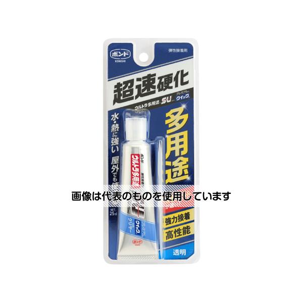 【アズワン AS ONE】実験室設備 工具類 工具、道具 ●超速硬化で接着スピードが速い。 ●水・熱に強いので、屋外でも使える。 ●硬化後は弾力性のあるゴム製なので、衝撃を吸収し、ショックに強い。 ●無溶剤で環境に優しい。 ●硬化時間目安：固定1〜2分→実用強度30分→完全硬化12時間(※アクリル同士約1cm〜2cm角.23℃・湿度50％) ●適応素材：布・フェルト・皮革・軟質塩化ビニル・硬質プラスチック・木材・発泡スチロール・タイル・陶磁器・コンクリート・石・ガラス・金属など。※PP・PE・フッ素樹脂には使用できません。 ●屋内・屋外・凹凸面・水回りでの接着と補修に。 ●おもちゃ・バッグ・くつ・家具・家電製品・手芸・工作など。 商品の仕様 ●種類：化学反応形接着剤 ●内容量：25mL ●色：クリアー ●材質：成分：シリル化ウレタン樹脂(100％) ●付属品：ヘラ 【※ご注意ください】商品は代表の画像を使用しています。