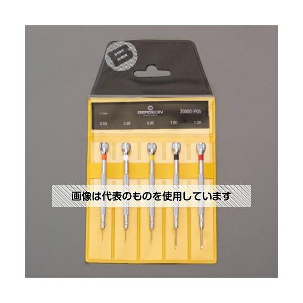 【アズワン AS ONE】 ●5本組 ●サイズによって色分けされている為、分かりやすいです。 ●予備ビットは付属していません。 商品の仕様 ●(-)ドライバー：0.50・0.60・0.80・1.00・1.20mm ●全長：79・79・79・85・85mm ●箱：ビニールケース ●硬度：54／58HRC ●材質：真鍮(クロムメッキ) 【※ご注意ください】商品は代表の画像を使用しています。