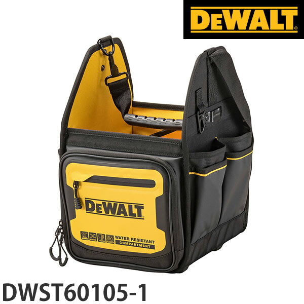 商品の特徴 DEWALT(デウォルト) トートバッグ DWST60105-1 ●快適に持ち運び、オープン形状で迅速に収納物を取り出せます ●撥水・撥塵・耐久性に優れた1680デニールポリエステル生地 ●底部は耐衝撃に優れたポリマー素材(一部)採用 ●ターポリン素材の溶接防水防塵(IP54)ポケット搭載 ●34個のポケットやホルダーによる高い収納力 ●手の負担を軽減するラバーハンドル ●グローブ着.時も扱いやすいU字型ジッパープル ●ツールなどを手早く出し入れできるオープン構造 製品仕様 ●本体重量：約2.1kg ●最大積載：約25.0kg ●サイズ：L277×W238×H406mm ●素 材：1680デニールターポリン、ポリマー(底部) ●JANコード：4536178898799
