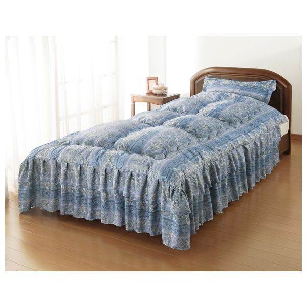 ファミリー・ライフ 抗菌・防臭加工シルク混ダブルフリルベッド布団 同柄枕カバー付き ダブル ブルー[0..