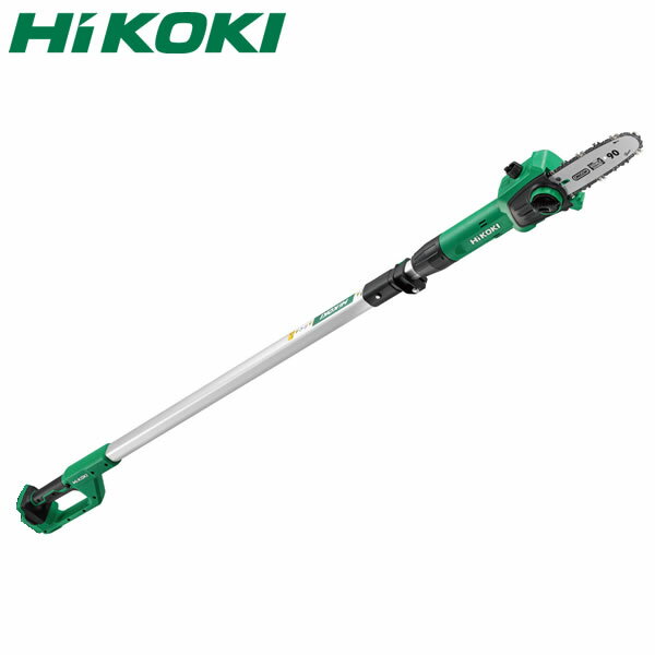 商品の特徴 HiKOKI　 18Vコードレスポールソー　CSP1820DA(NN)　本体のみ ●高い木の枝払いもらくらく作業 ●共通のポールで、ヘッドアタッチメント(別売)を付け替えできる ●簡単にポールの伸縮ができる ●安全に配慮したロックオフボタン付 ロックオフボタンを押しながら、トリガーを引かないと始動しない安心設計。不意の始動を防止します。 ●チェンオイル自動給油機能 焼き付きを防止するチェンオイルをタンクから自動で給油します。吐き出し量の調整や手動での給油が不要で手間なし。残量は点検窓から 確認できます。 ●ソーチェンの交換も張り調整もツールレス ノブをゆるめるだけでサイドカバーの取り外しができ、ノブとテンションダイヤルでソーチェンの張り調整ができます。 製品仕様 ●形名：CSP1820DA(NN) ●リチウムイオン電池(BSL1820M)：別売 ●急速充電器(UC18YKSL)：別売 ●モーター：直流モーター ●ソーチェン：90PX-33E ●バーサイズ(最大切断長さ)：200mm ●無負荷チェンスピード：5.0m/s(300m/分) ●チェンオイル給油方式：自動給油 ●オイルタンク容量：70mL ●機体寸法(全長×全幅×全高)※1：1,880〜2,470×110×165mm ●質量※1：3.3kg ●使用可能蓄電池※2：18Vスライド式リチウムイオン電池(BSL18XXシリーズ)、 マルチボルト蓄電池(残量表示付) ●蓄電池[形名]：BSL1820M ●蓄電池[電圧 - 容量]：18V-2.0Ah ●充電器[形名]：UC18YKSL ●充電器[充電時間※3]：約60分 ●標準付属品：チェンケース、ガイドバー、ソーチェン(90PX-33E)、チェンオイル(50mL) ※1：BSL1820M装着時、ソーチェン、ガイドバーを含む、チェンケースを除く。 ※2：従来の蓄電池(BSL3620、BSL3625、BSL3626、BSL3660 およびBSL14XXシリーズ)はご使用になれません。 ※3：充電時間は周囲温度や蓄電池の状態により長くなるときがあります。 JANコード：4966376416271