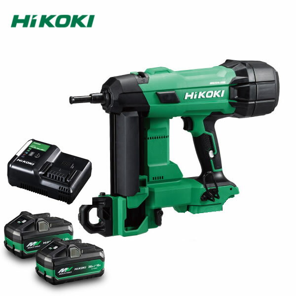 商品の特徴 HiKOKI(日立工機)　コードレスコンクリート釘打機　NC1840DA(2XPZ)　電池計2個付 ●ガスカートリッジいらずで安定した打込み力 ガスカートリッジを使わないエアスプリング方式を採用し、排気が出ないため屋内でも快適に使用可能。燃焼式ではないため、寒冷地や高地などの環境に左右されにくく、安定した打込みを実現します。 ●パワーの秘訣はメーカー初※のエアスプリング方式 メーカー初※のエアスプリング方式を採用し、空気圧駆動ならではのロスの少ない効率的な打込みを実現。H鋼などの鋼材下地にも直接打込めるパワーで、内装施工をはじめ幅広いシーンで活躍します。 ※2025年12月現在。国内向け製品(コードレスコンクリート釘打機)において ※本製品は銃砲刀剣類所持等取締法の規制対象外です。 ●安定の打込み力で実現する連続作業 1充電当たりで約620本※打込み可能。断続作業は約1.5本/秒で進行。ガスカートリッジ交換不要で中断が減り、ランナー固定など連続作業でも安定したペースを維持します。 ※BSL36A18X使用時。数値は参考値です。使用環境や蓄電池の状態などの条件により異なります。 ●まっすぐ打てる開閉式スタビライザ(特許出願中) 安定した垂直打込みを補助し、不要な場面ではすばやく折りたためます ●暗所でも狙いを外さない 暗所でも作業部を照らせるLEDを内蔵し、 視認性を確保して安全に作業できます。 ●材料に合わせて 仕上がりを調整 アジャスタレバーで打込み深さを簡単に調整でき、材料への過剰打込みを防ぎます。 製品仕様 ●リチウムイオン電池：BSL36A18X×2個 ●急速充電器：UC18YDL2 ●ケース：● ●1充電当たりの作業量[打込み本数※](18V-5.0Ah)：約620本 ●モーター：直流ブラシレスモーター ●使用釘：プラスチック連結釘：長さ15〜40mm ●釘装てん数：25本(2連+5本) ●寸法(全長×高さ×幅)：333×400×120mm(BSL36A18X装着時) ●質量：4.9kg(BSL36A18X装着時、フック含まず) ●蓄電池※1形名：BSL36A18X ●電圧-容量：36V-2.5Ah / 18V-5.0Ah ●充電器形名：UC18YDL2(冷却機能付) ●充電時間※2：約19分(実用充電)/ 約25分(満充電) ●標準付属品：保護メガネ ※1：従来の蓄電池(BSL3620/3625/3626/3660およびBSL14XXシリーズ)はご使用になれません。 ※2：充電時間は周囲温度や蓄電池の状態により長くなる時があります。 JANコード：4966376420124 メーカー指定の釘を使用してください。(指定釘以外は使用できません。)