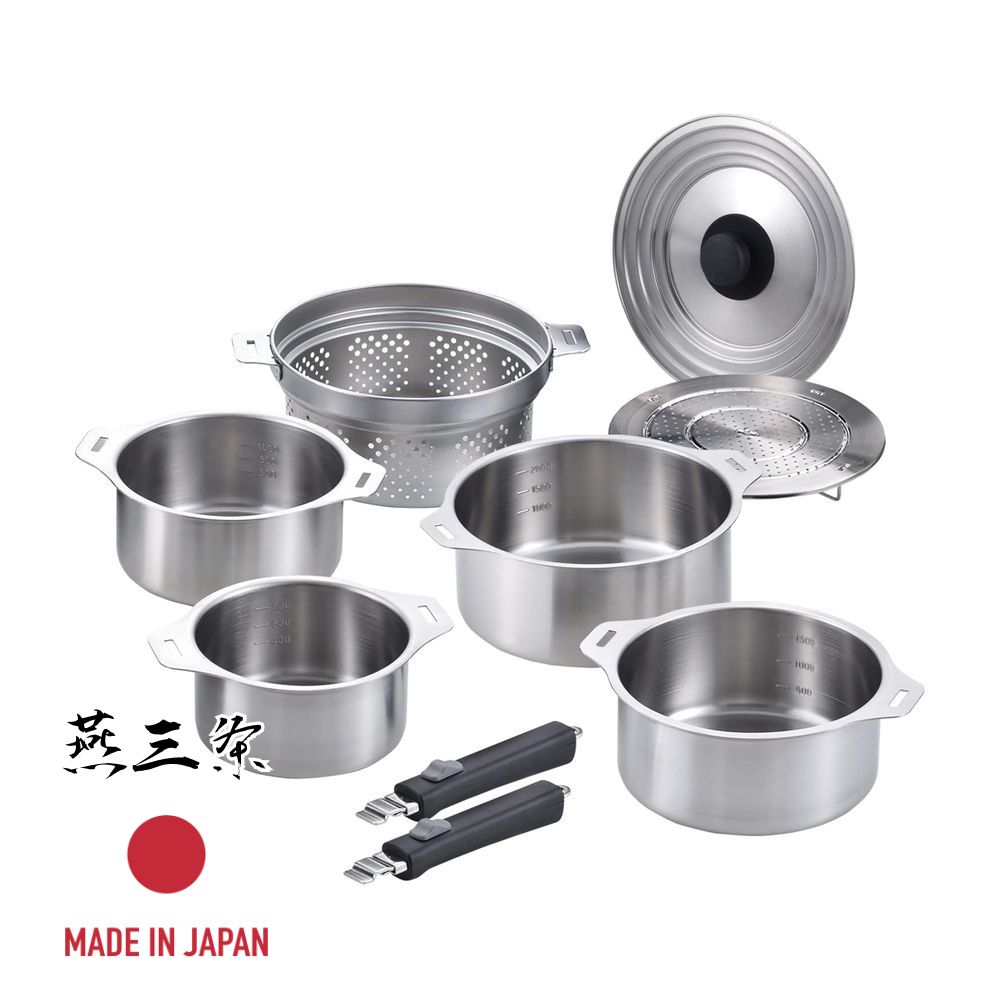 和平フレイズ EM-033 燕三 ハンドル着脱式鍋4点セット蒸し台・スチーマー付 EM-033 【在庫有り】| 蒸し台 中かご付 IH対応 日本製 着脱式鍋 コランダー付 ステンレス 燕三条 鍋 エンゾウ スチーマー付 着脱式 えんぞう 調理器具 なべ 蓋付き