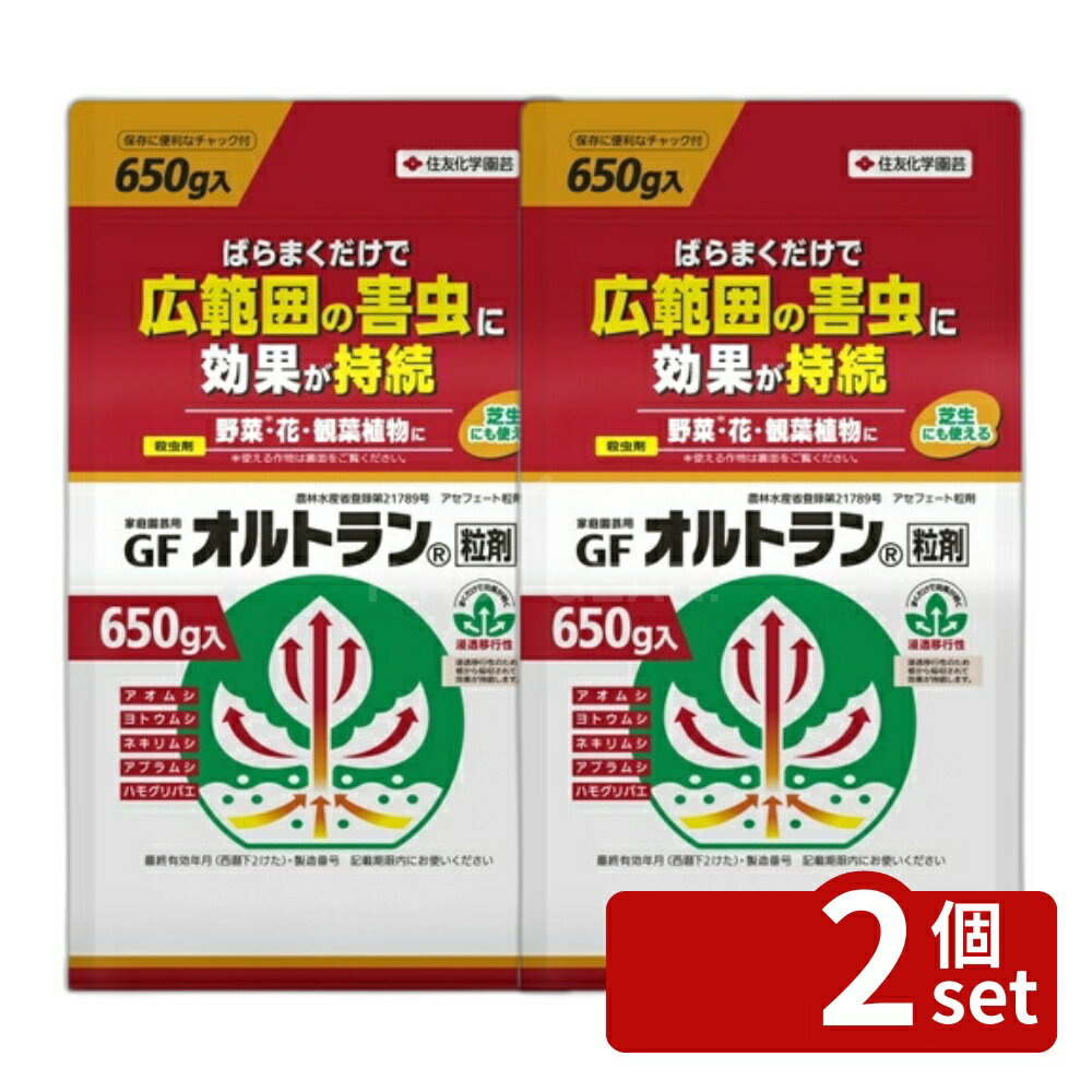 商品の特徴 住友化学園芸 オルトラン粒剤650g袋 園芸薬品 粒剤 害虫対策 希釈不要 ●本剤は吸汁性害虫（アブラムシ等）及び食害性害虫（ヨトウムシ、アオムシ等）に効果のある浸透移行性殺虫剤です ●効果が持続するので、広範囲の園芸害虫の防除に適しています ● 家庭菜園・草花・背の低い庭木・鉢物などの根元に散布する他に、植え穴にまくなどの利用法があります 製品仕様 ●内容量：650g JANコード：4975292603405