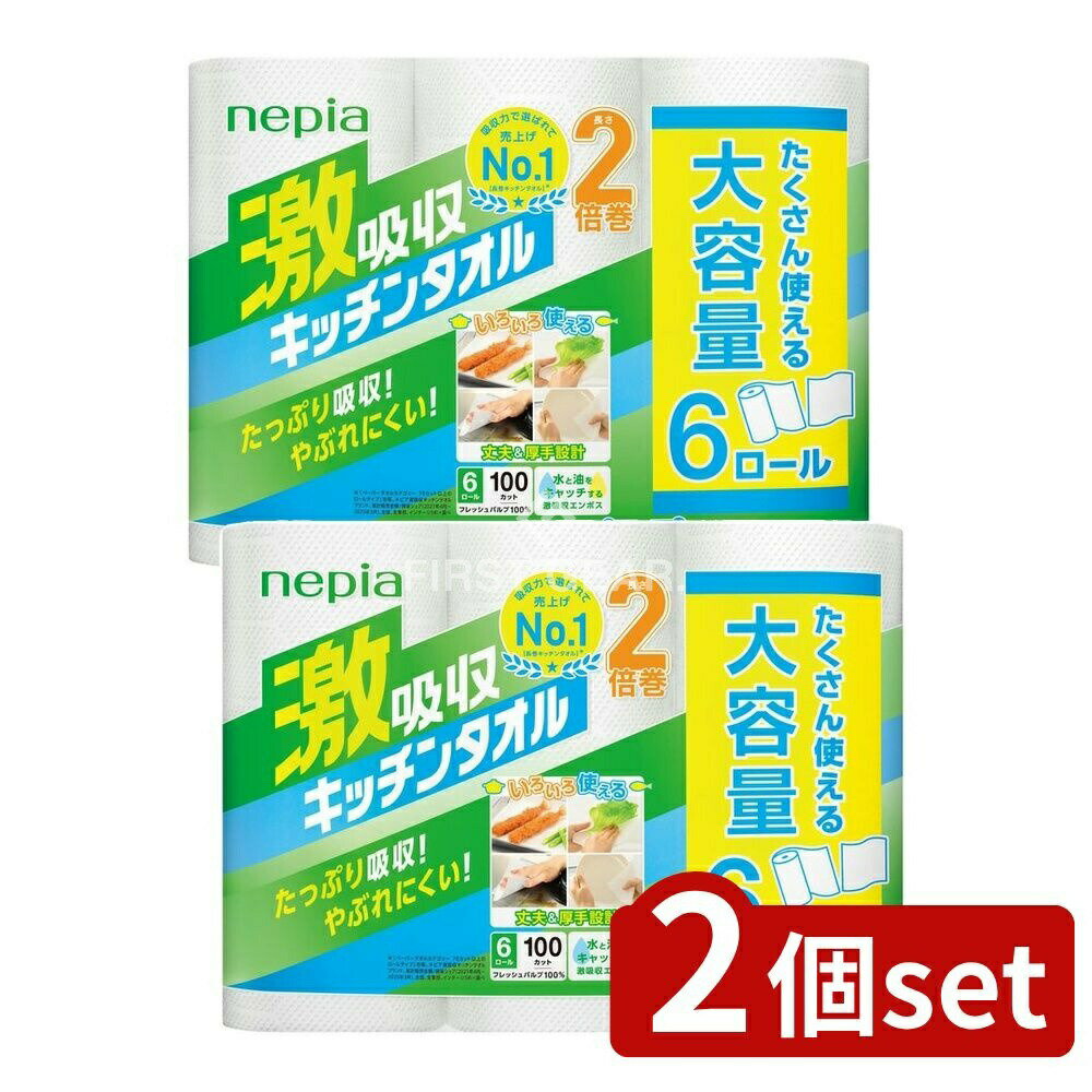 ＼レビュー特典有／【2個セット】 王子ネピア ネピア激吸収キッチンタオル100カット [単品内容量/6個] | 王子ネピア キッチンタオル 激吸収 タオル 日本製 厚手 水吸収 油吸収 便利 まとめ買い フレッシュパルプ FSC認証 バイオマスインキ バイオマスフィルム