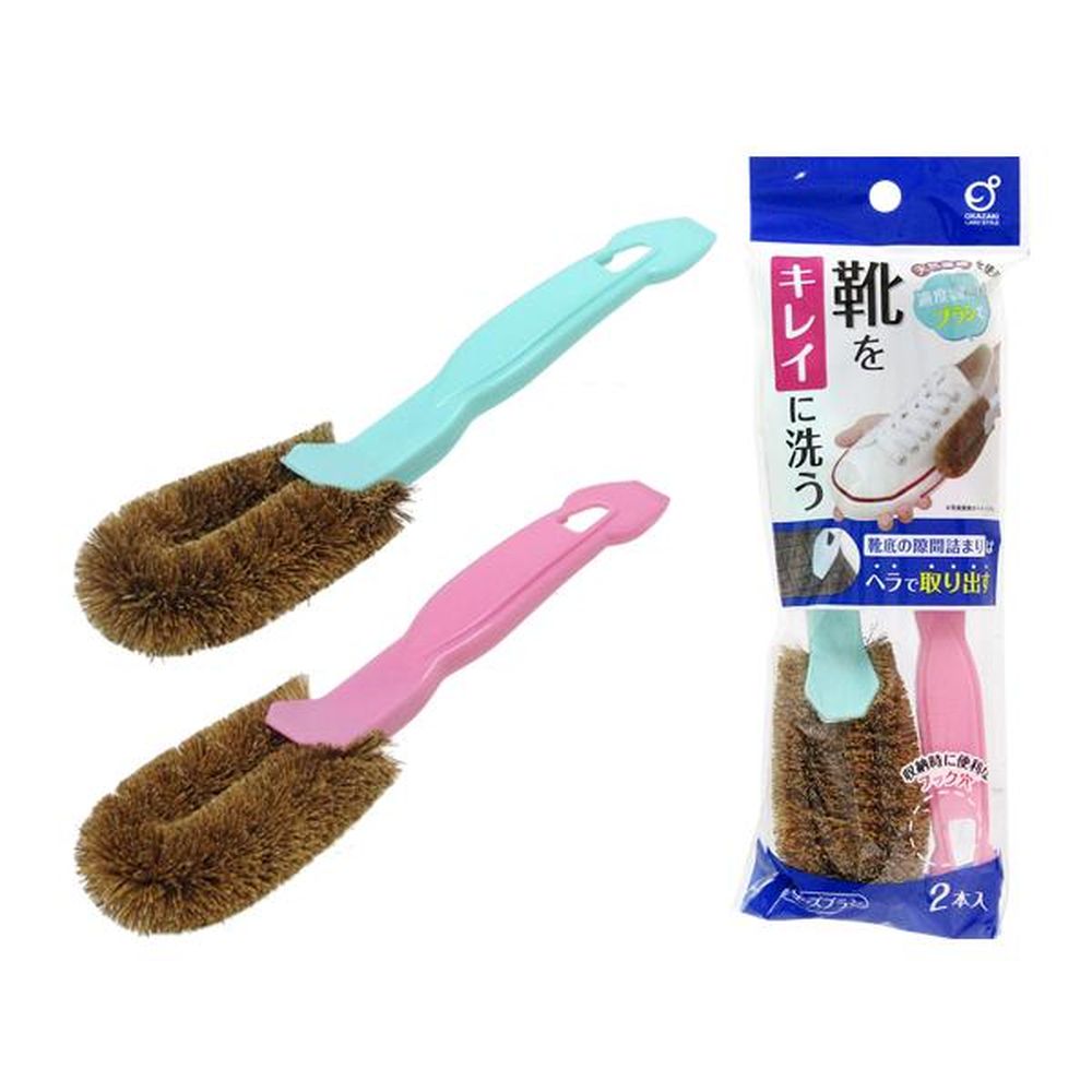 オカザキ オカザキ シューズブラシ2P ヘッダー付 | シューズブラシ オカザキ たわし パームシューズブラシ 100均一 靴ブラシ 天然繊維 2本組 フック穴 靴底 汚れ落とし 先端ヘラ 手入れブラシ 硬さ 足元掃除 シューケア クリーニングブラシ お手入れ道具