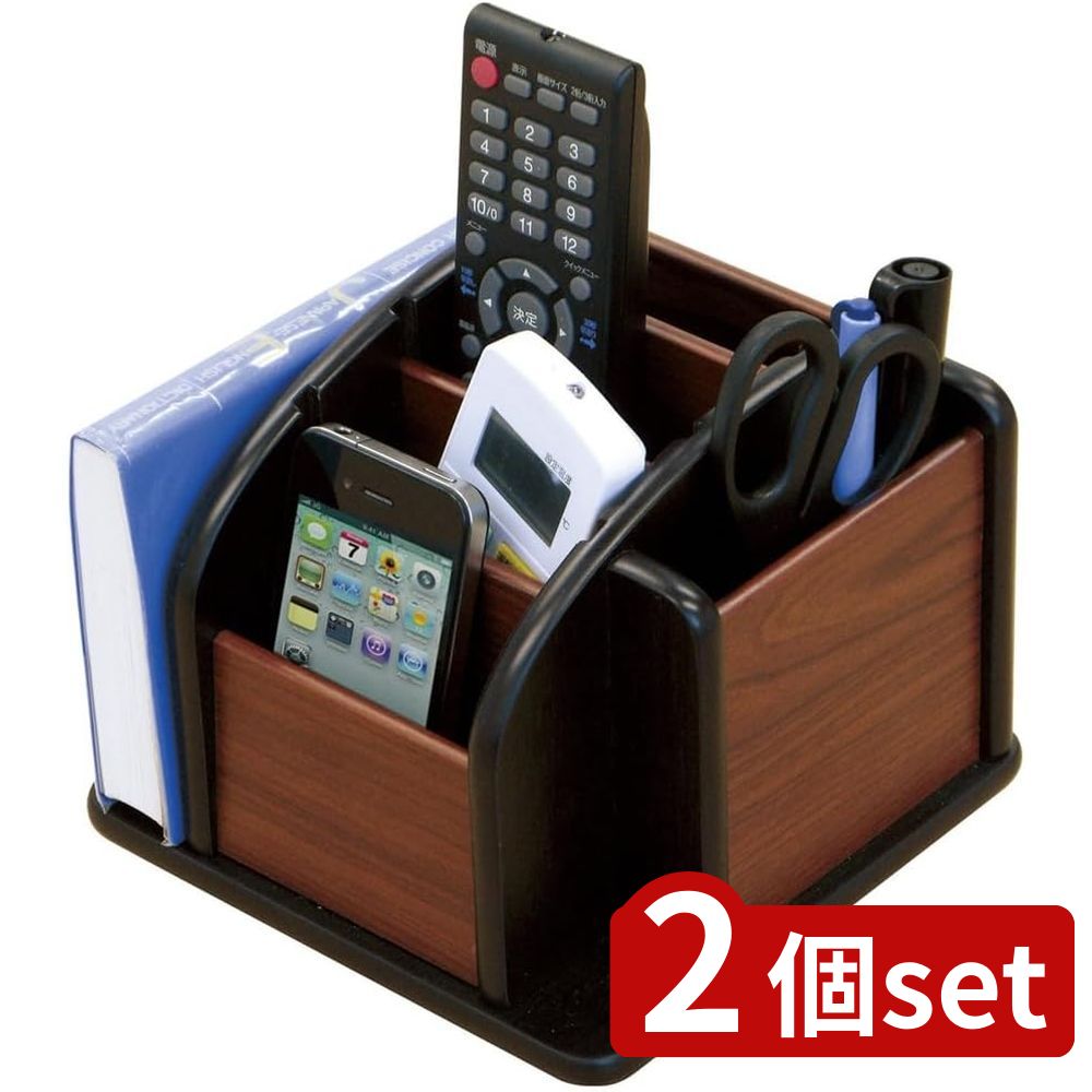 2個set トレードワン クルッとマルチラック ブラック/ウッド調 | クルッとマルチラック 小物収納 回転式 可動式仕切り付き デスクラック リモコンラック デスク収納 卓上収納 回転ラック 360度 仕切り付き ペン立て 収納 スマートフォン 小物入れ 文房具 眼鏡